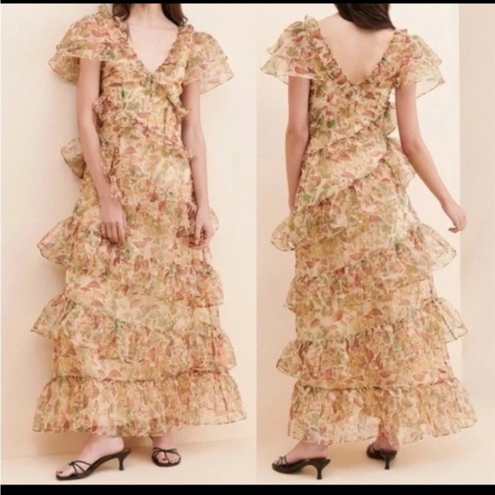 Selkie Ruffled Floral Maxi Dress in Cream and Pink